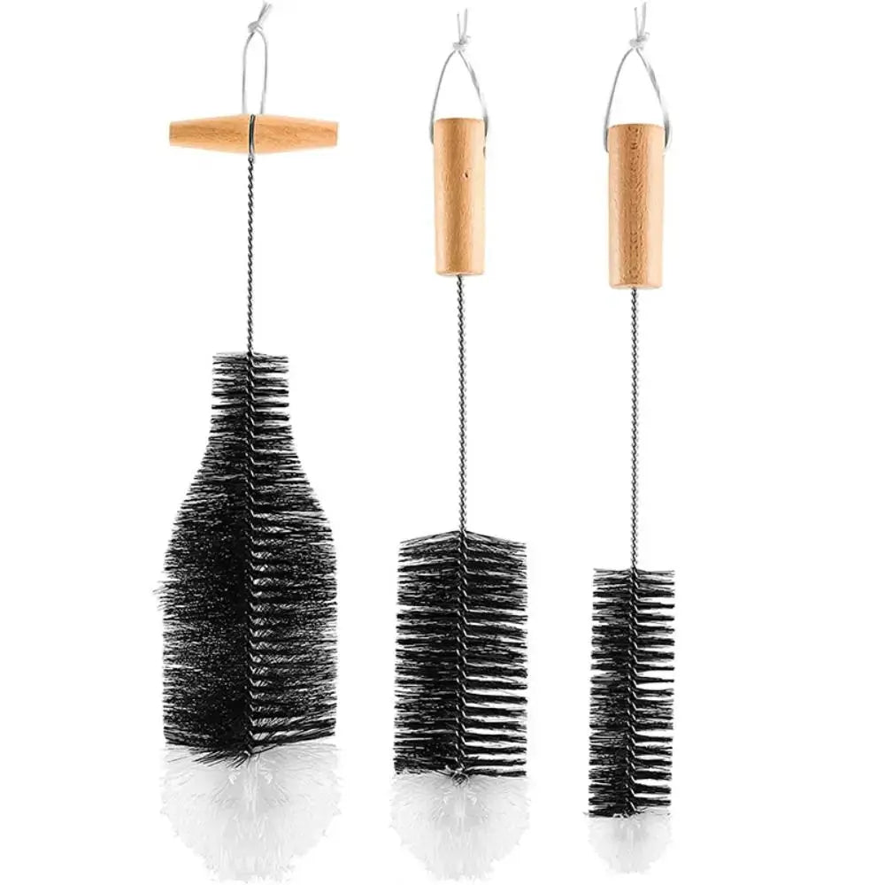 Simples Market bottle brush set with beechwood handles for glassware and jars; includes three black-bristle brushes.