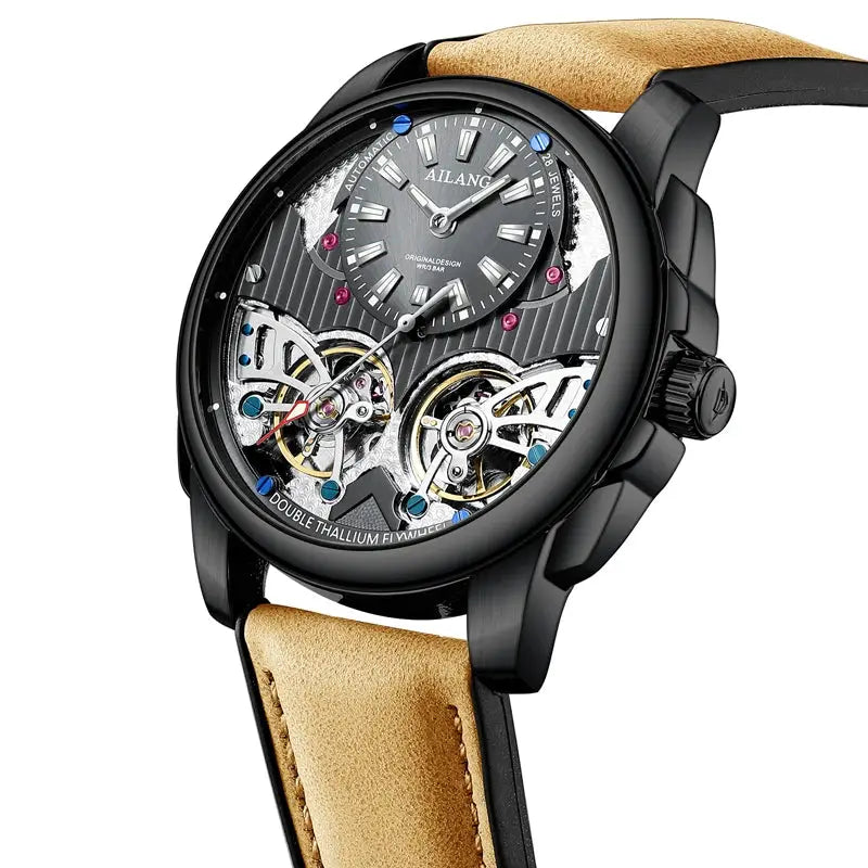 AILANG luxury automatic mechanical skeleton watch with double tourbillon, black case, tan leather strap
