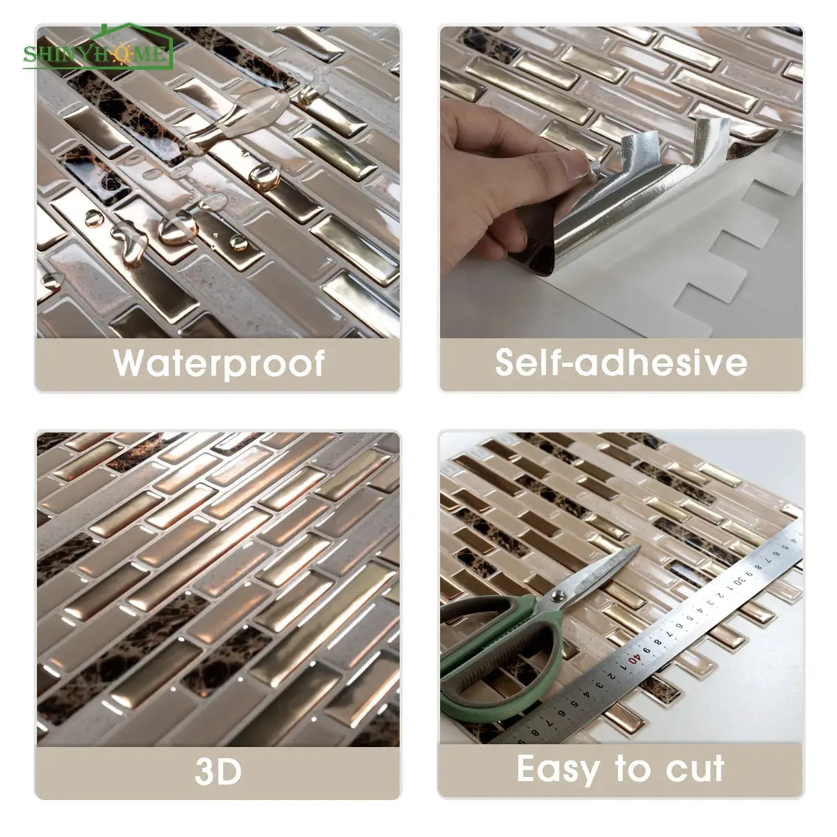 Self-adhesive gold mosaic wall tiles by Shiny Home, waterproof backsplash sheets 11.8x12 in