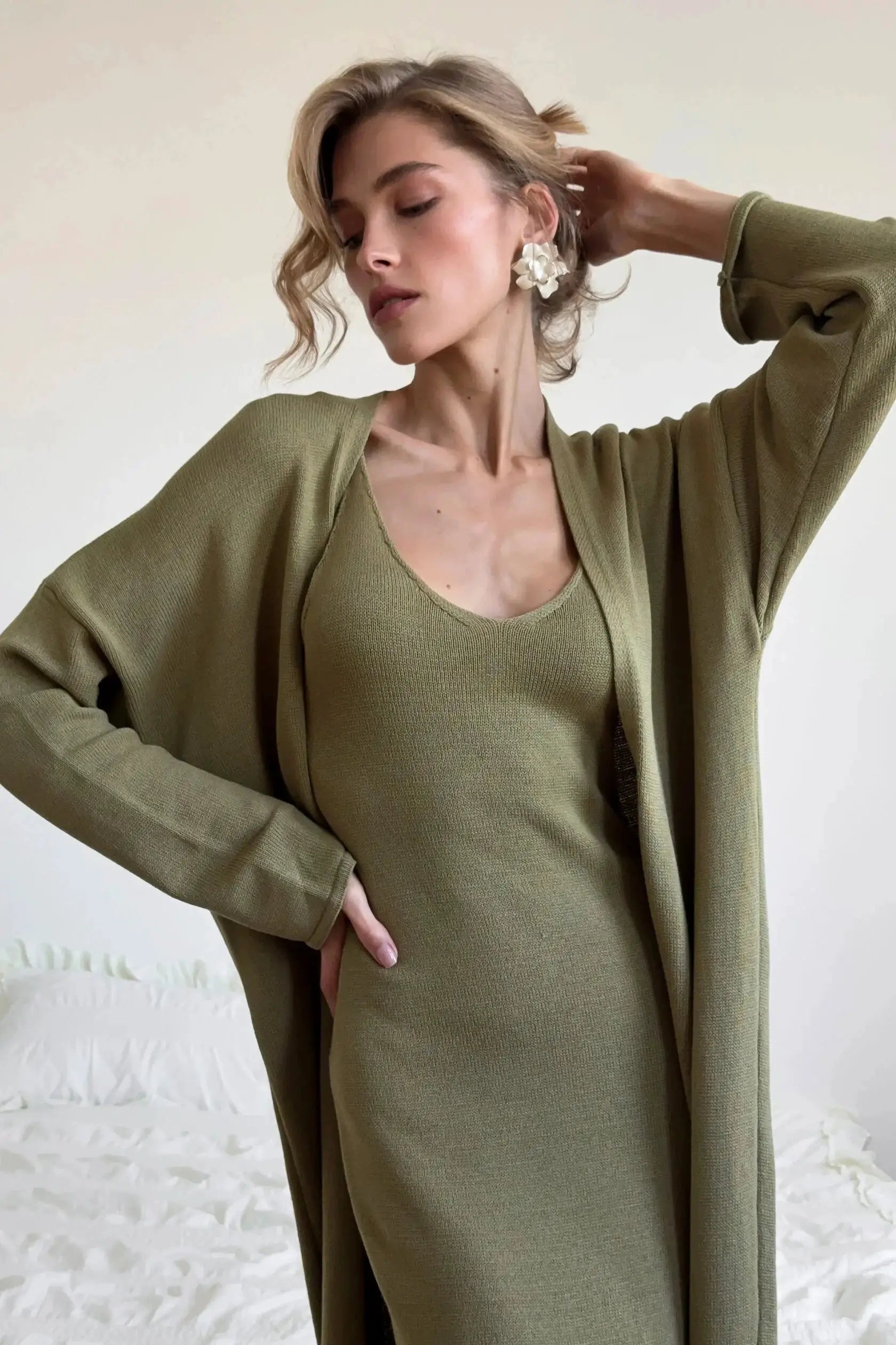 Hirsionsan Soft Loose Women Two Piece Knit Cardigan And Vest Set