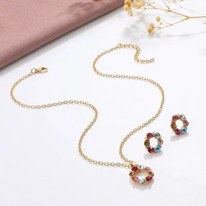 3 Piece Gold Necklace and Earrings Set for Ladies Celebrity Style Exquisite Stained Glass Diamond Circle Jewelry