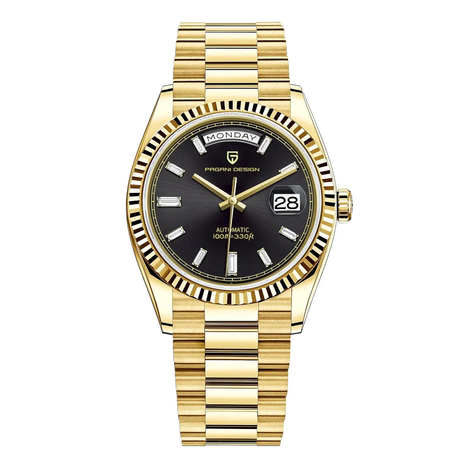 Pagani Design DD36 gold-tone men's mechanical watch with black dial, date window, and gold bracelet