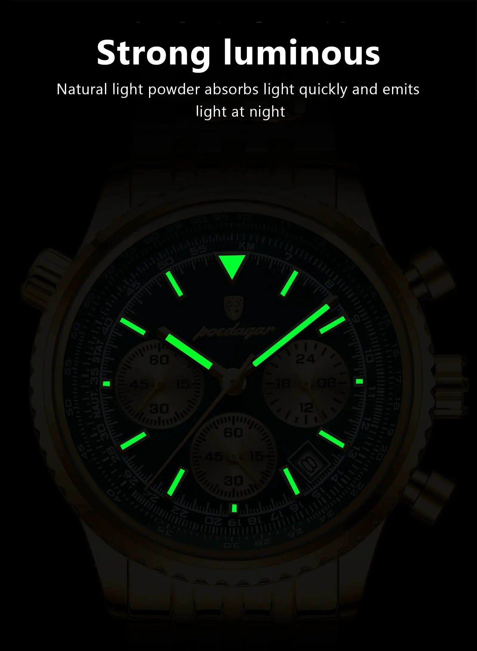 POEDAGAR men's stainless steel chronograph wristwatch with luminous green markers and date window