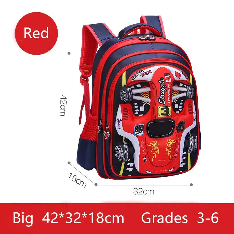 Waterproof 3D car backpack for kids, red and blue, 42x32x18 cm