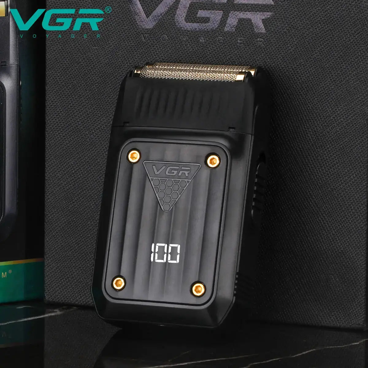 VGR 363 electric shaver and beard trimmer, black body with gold screws and digital display