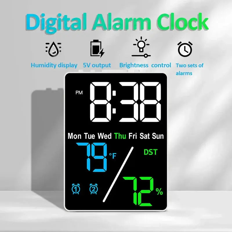 Multifunctional large-screen digital alarm clock with humidity display and brightness control for desktop use
