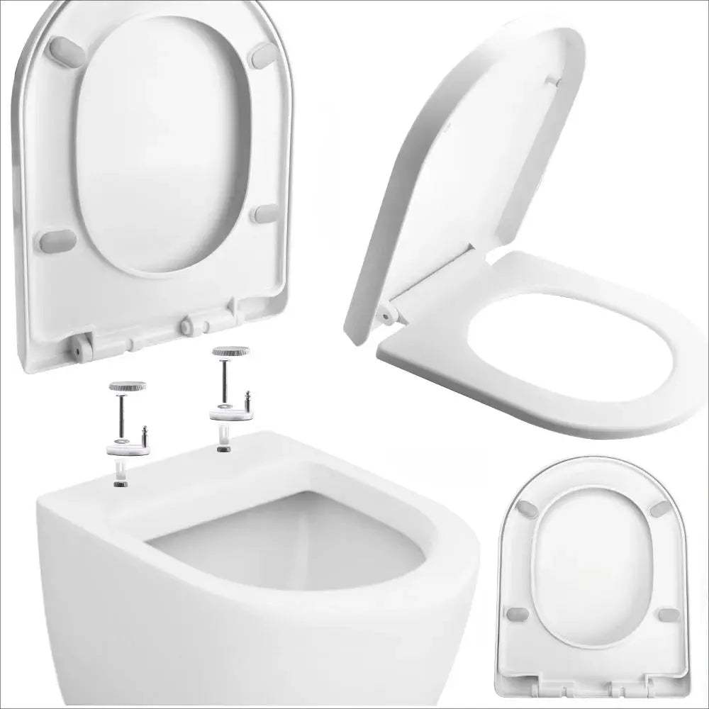 Simples Market white toilet seat with slow-close adjustable hinges and mounting hardware for easy installation.