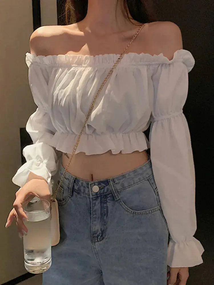 Women’s off-shoulder white puff-sleeve crop top with long sleeves and ruffle hem