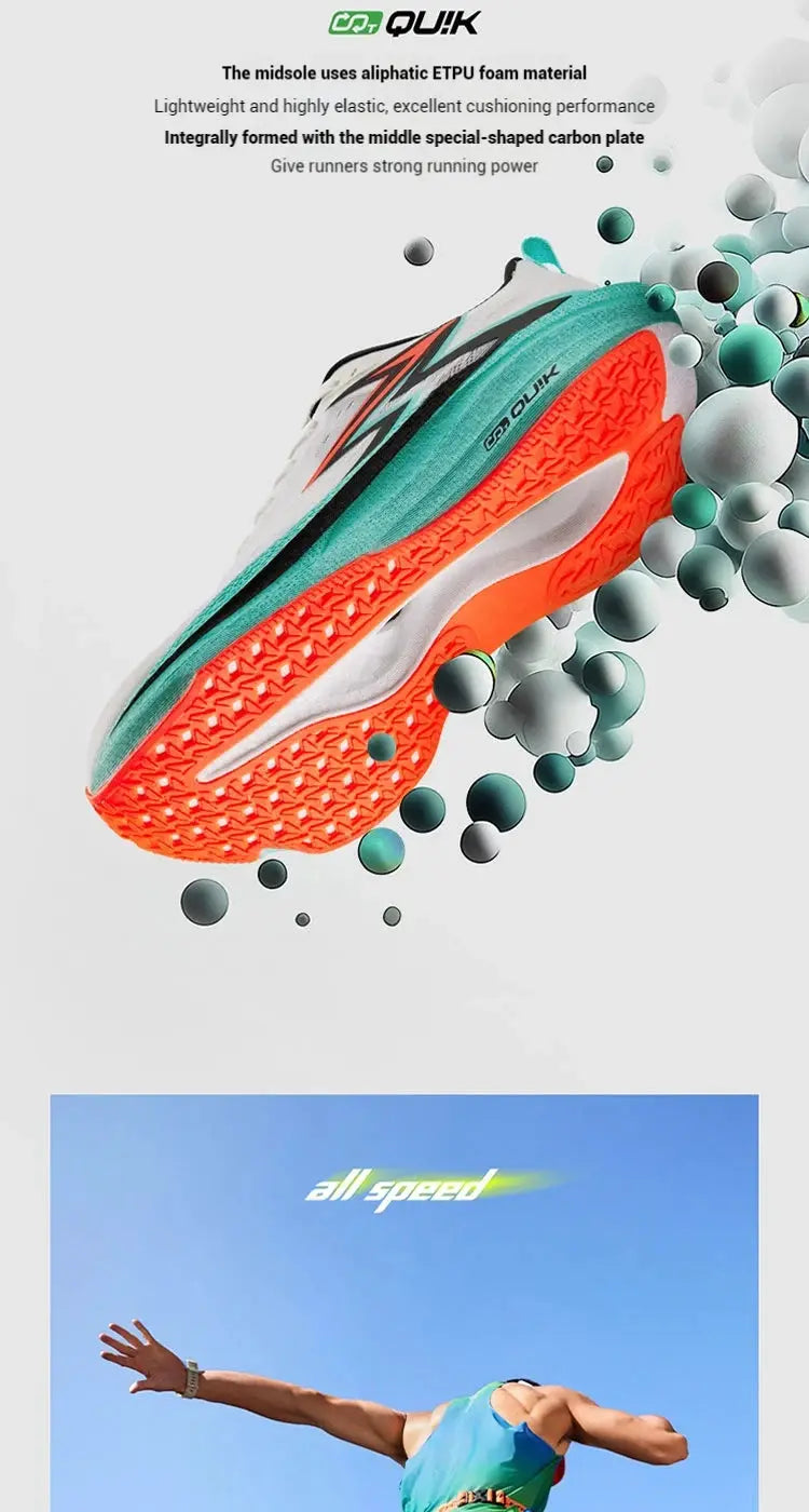 Men's 361 Degrees Flame 4.0 MIX running shoes with carbon plate, teal upper and orange outsole, Simples Market