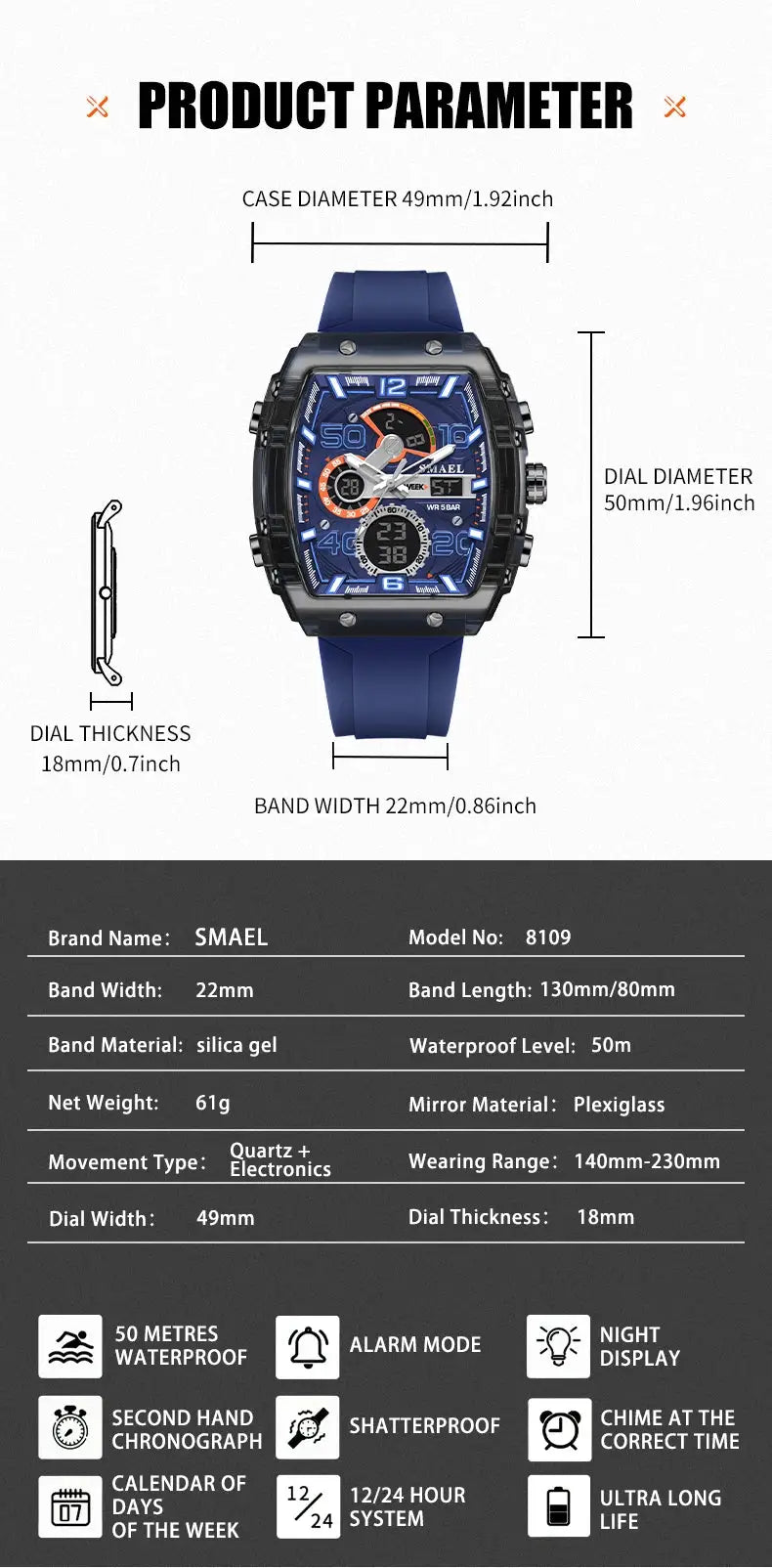 SMAEL 8109 square dual-display sport watch with blue silicone strap and luminous blue dial