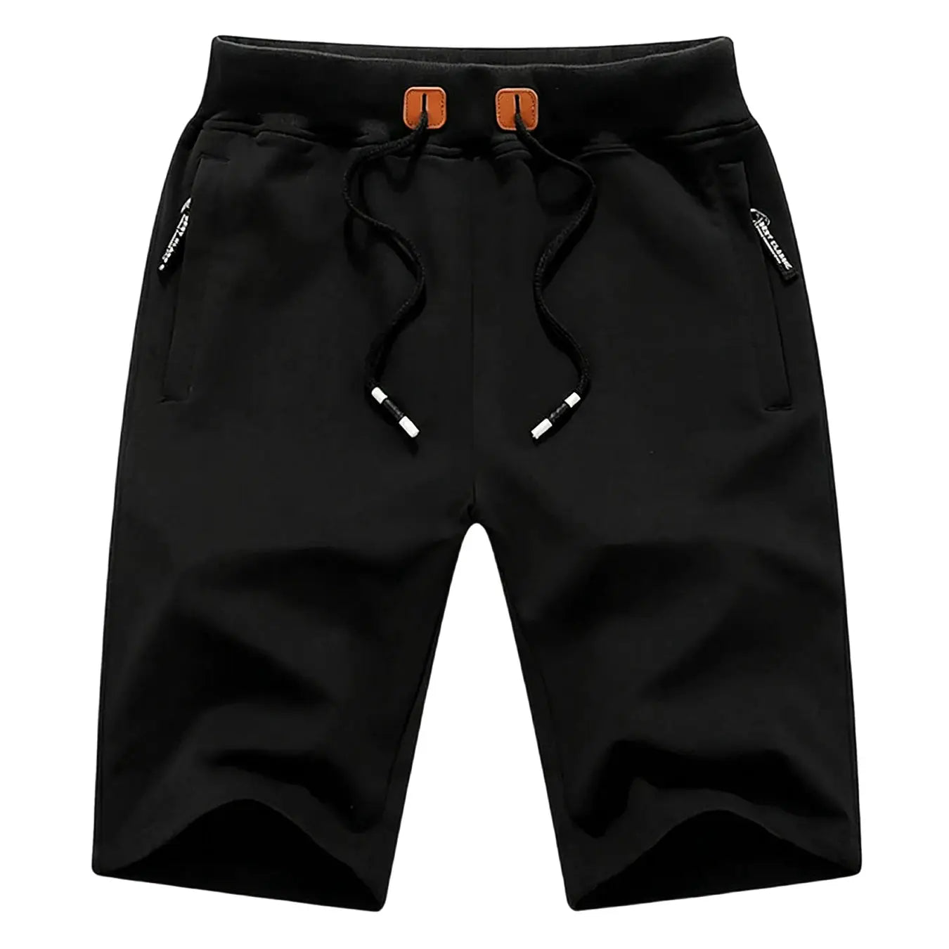 Men's black cotton jogger shorts with drawstring waist and zip pockets