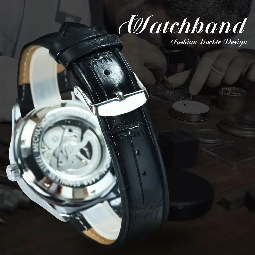 WINNER men's automatic mechanical watch with black leather strap and stainless steel case; visible movement.