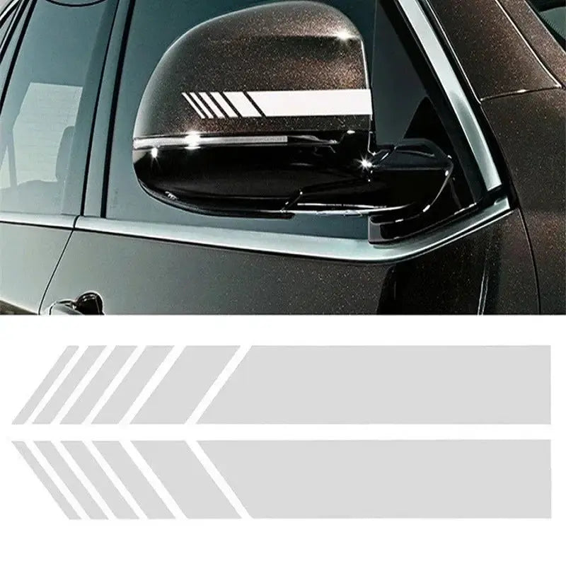 Car stripe mirror decals by Simples Market; reflective white vinyl rearview mirror stripe set (2 pcs)
