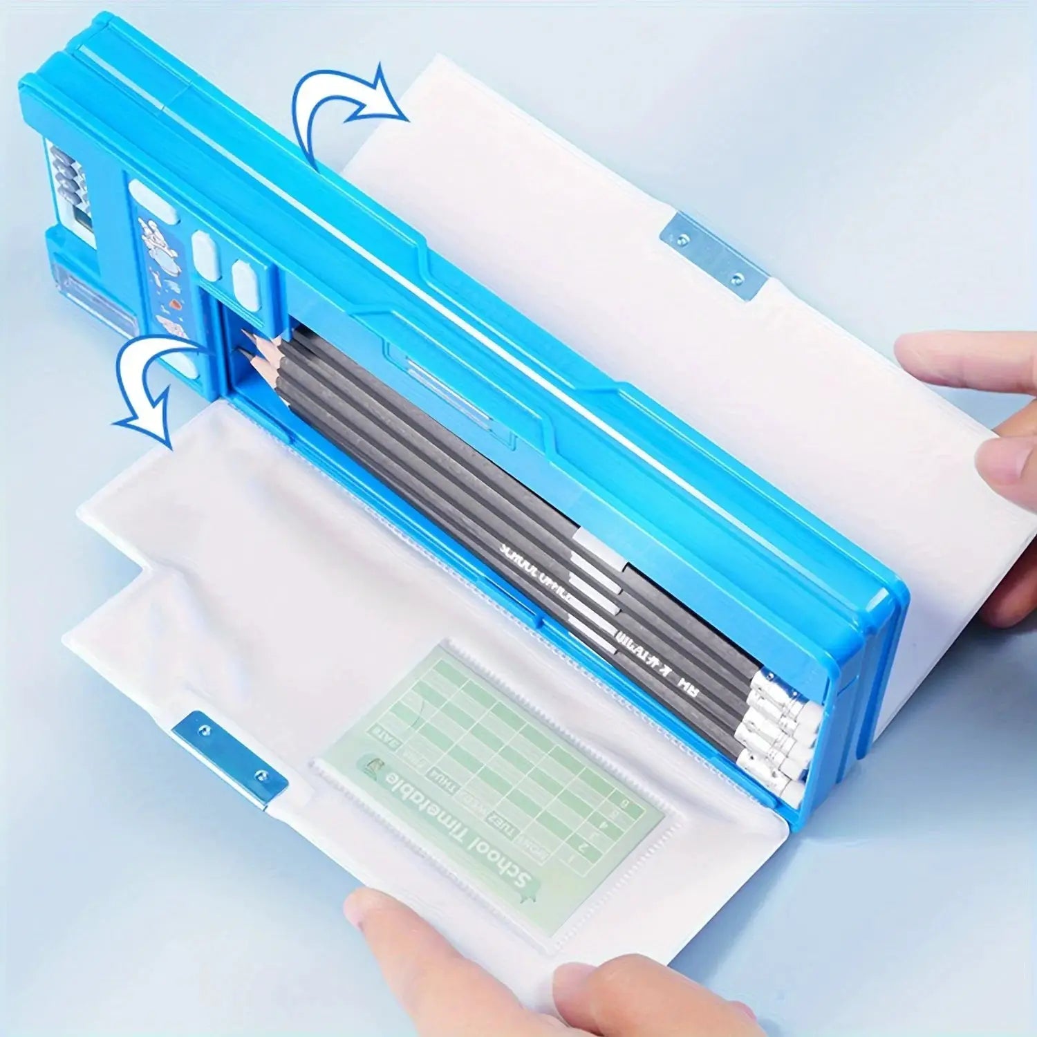 Simples Market kids multifunctional pencil case with built-in calculator, blue desk organizer for pens and pencils