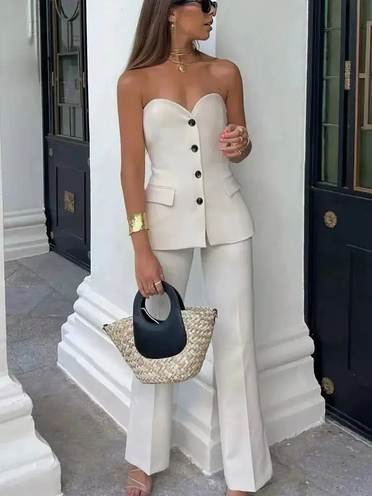 Women Elegant Strapless Tank Top Pant Suit With Side Slit Trousers