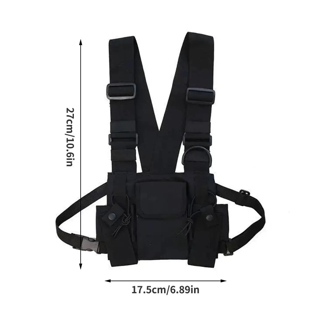 Unisex black tactical chest bag with adjustable shoulder straps and multiple pockets