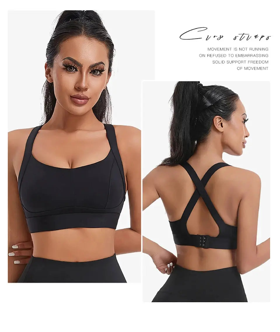 Women’s high-impact sports bra with criss-cross back, padded, black by Simples Market