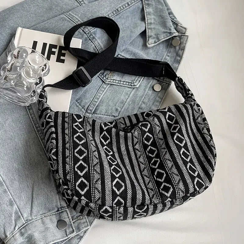 Tribal Style Foldable Crossbody Bag With Zipper Closure And Striped Flag Pattern Canvas