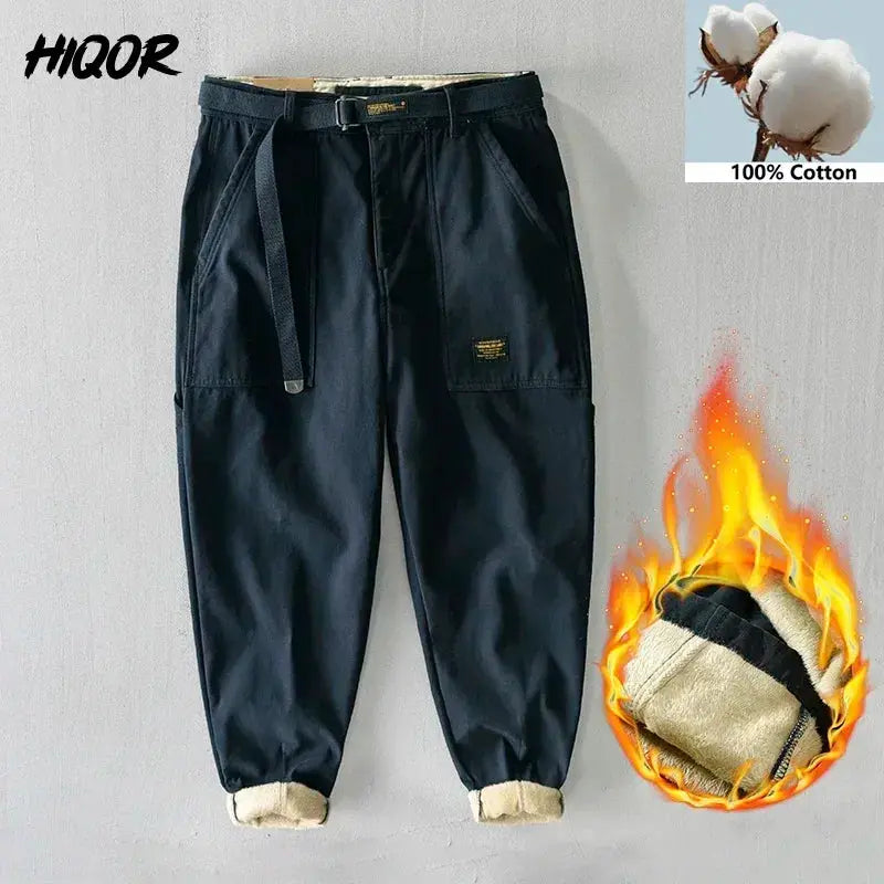 HIQOR men's navy cargo pants, fleece-lined 100% cotton with belt