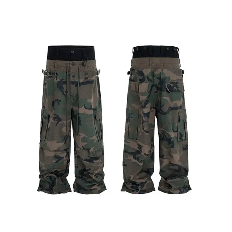 CUT-UP double-waist patchwork baggy camo jeans, Simples Market, cargo pockets, front and back views (2 pairs)