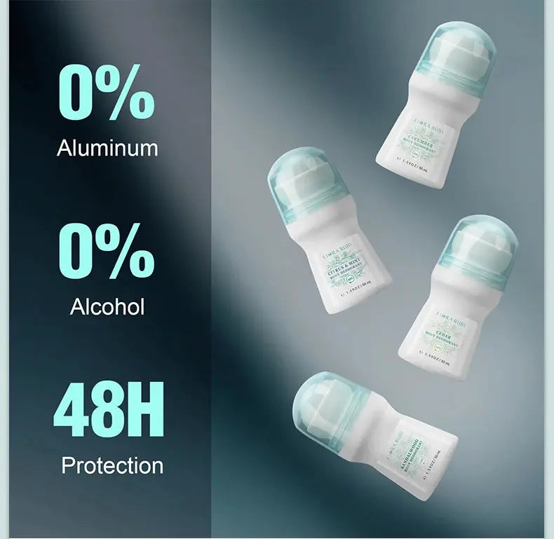 Flora Ruby Light Green Series deodorant roll-ons, 4-pack with teal caps, 0% aluminum, 0% alcohol