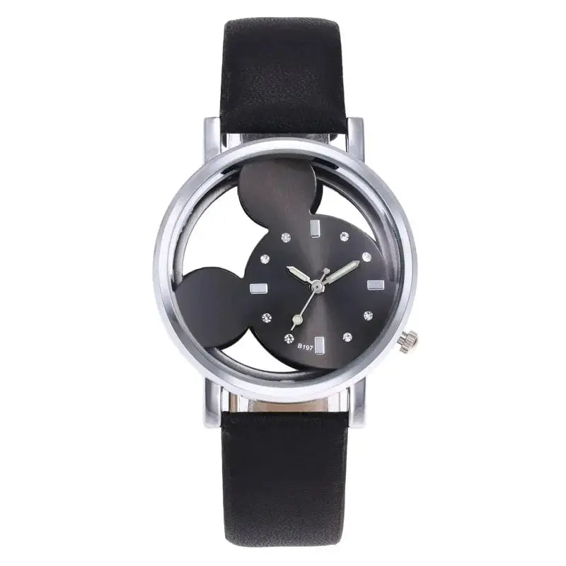 Simples Market watch with black leather strap, silver case, and cartoon-style dial with crystal markers