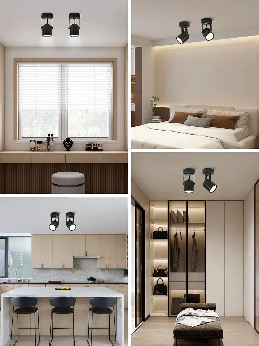 LED ceiling spot lamps by Simples Market, eight-pack black GU10 lights shown in bedroom, hallway, kitchen and closet