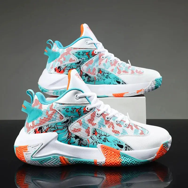 Pair of men's casual running sneakers in white with turquoise mesh panels and orange accents.