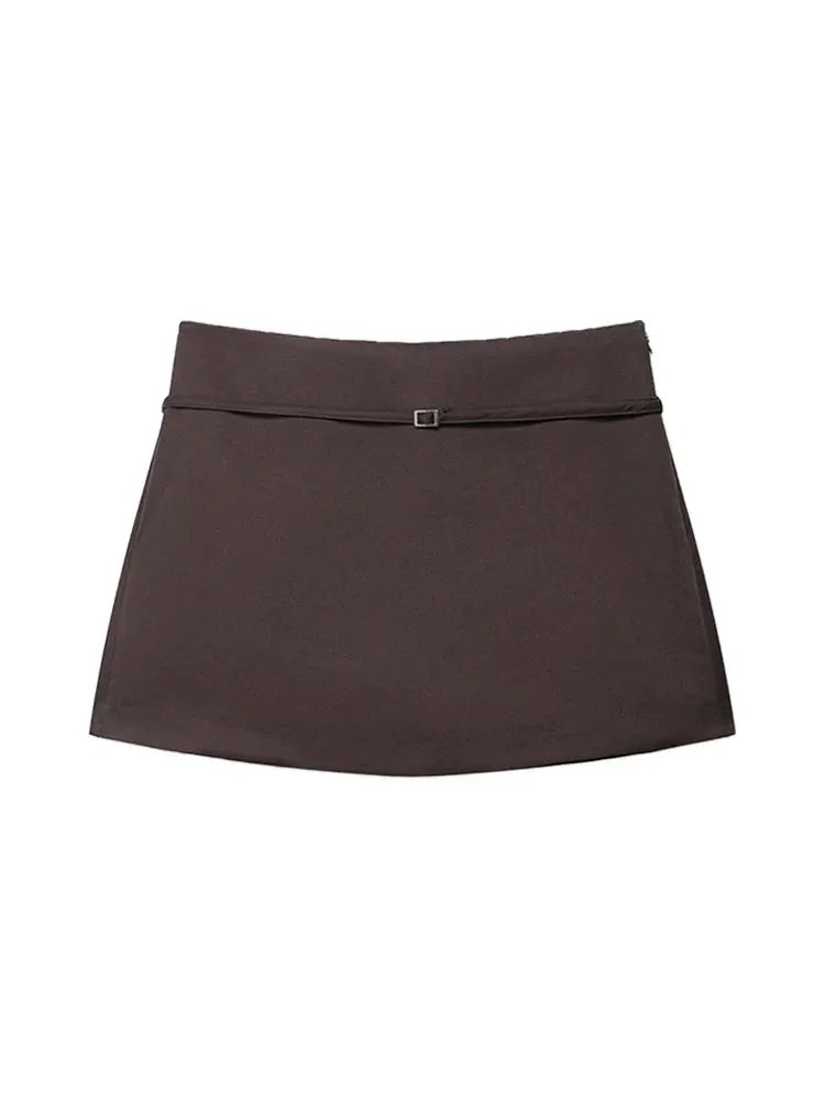Women's dark brown solid color skort with belt, casual everyday short skirt style for versatile wear