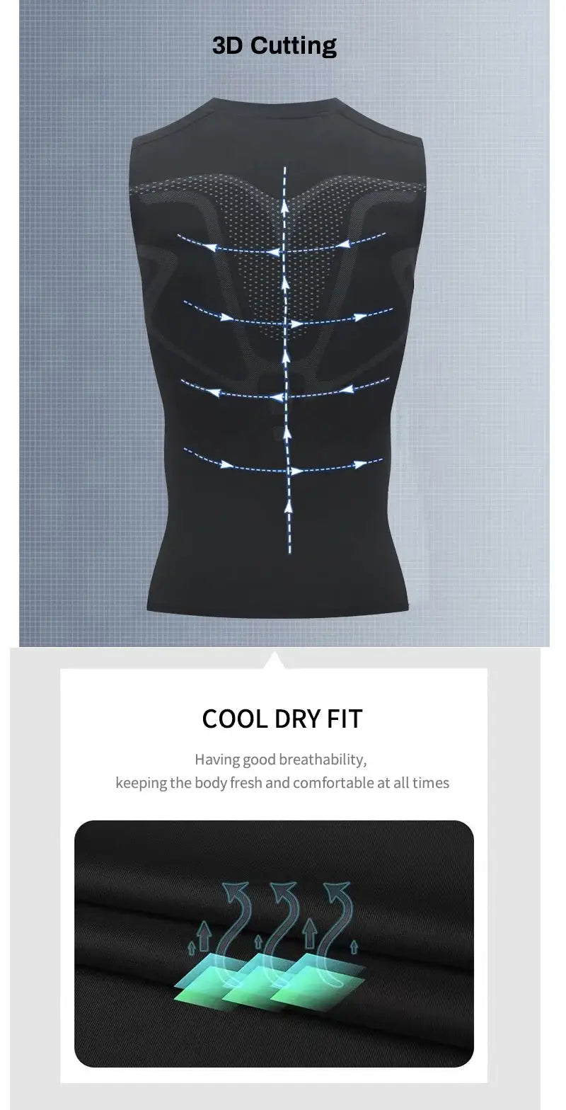 Men's black compression tank top for gym with 3D-cutting back design, quick-dry sleeveless