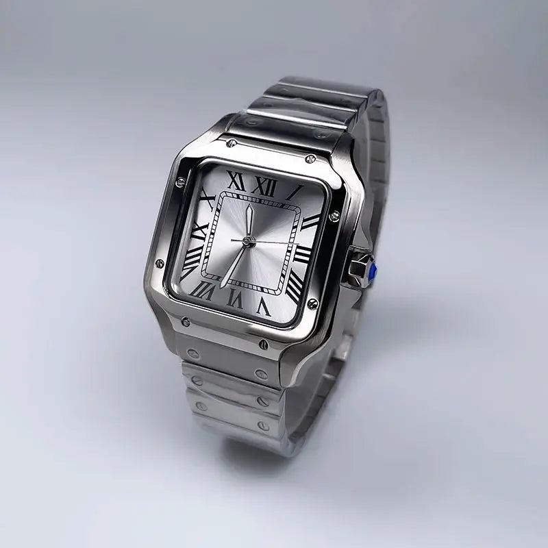 Simples Market square stainless steel automatic watch with silver dial and blue crown