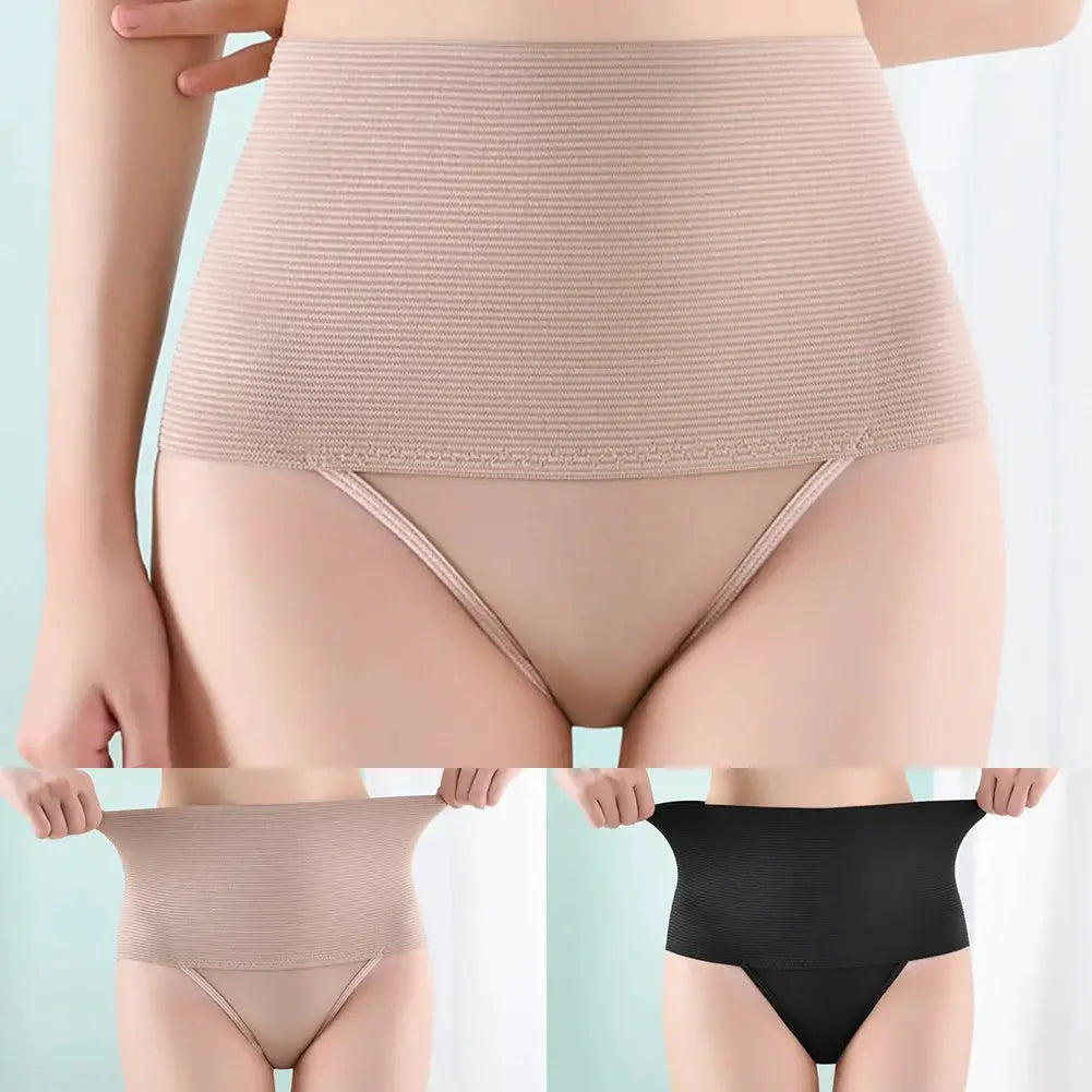 High waist tummy-control shapewear briefs in beige and black; 3-view collage