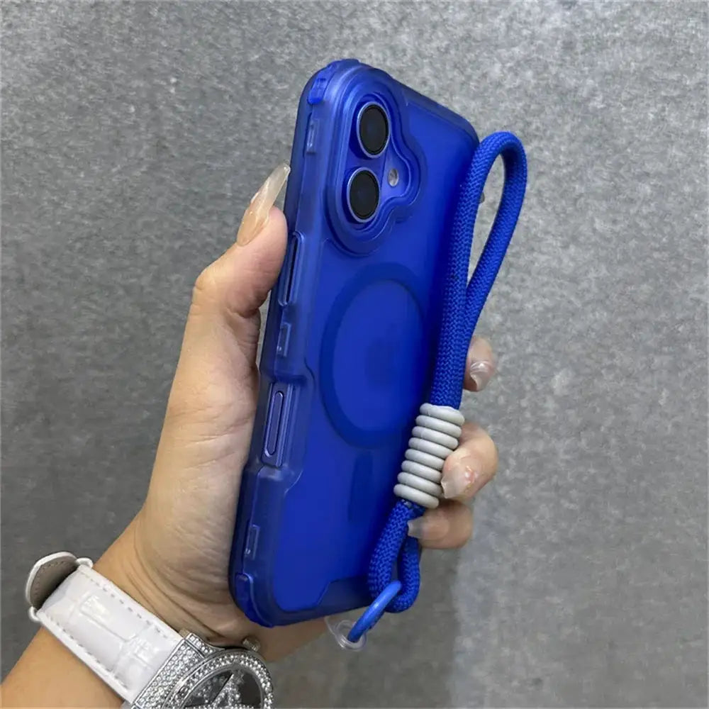 Simples Market Luxury Armour Matte MagSafe iPhone case with blue wrist strap lanyard