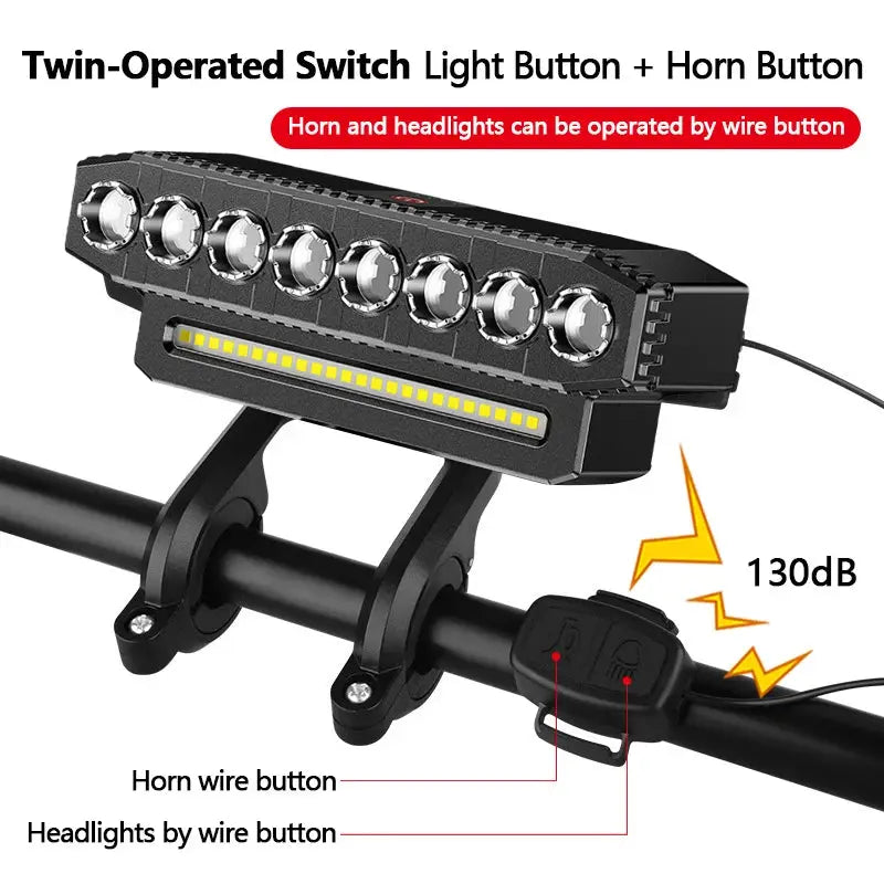 USB Rechargeable Bike Front Light With 120dB Horn Waterproof 6 Lighting Modes Bicycle Bell Easy To Install