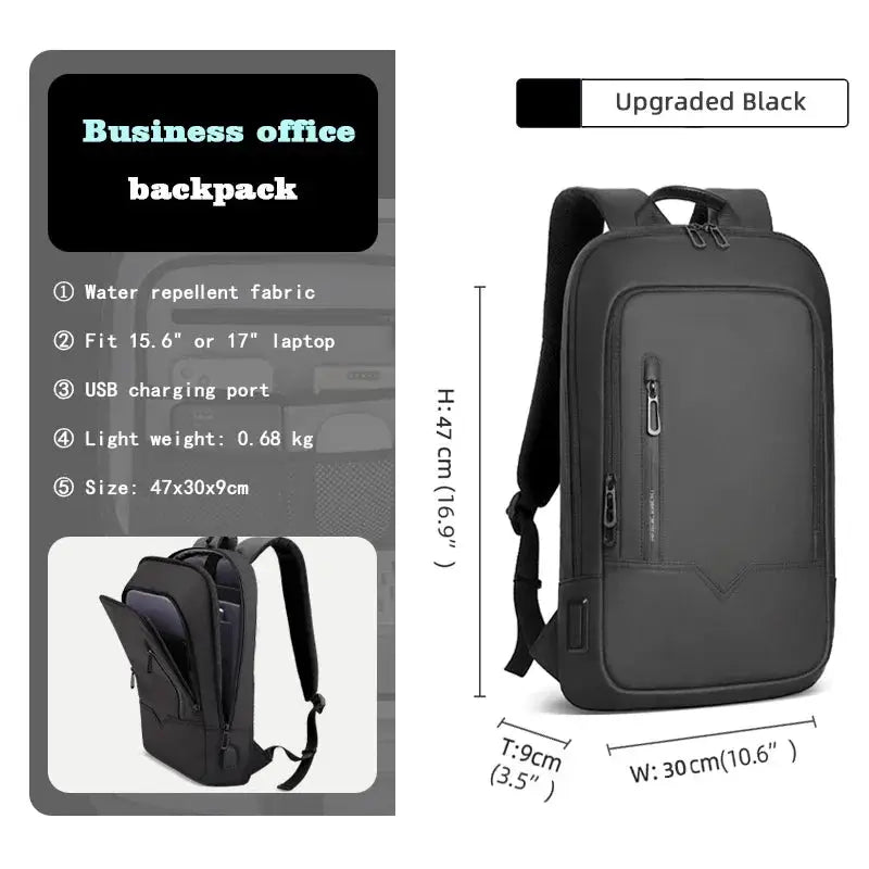 HK Slim Backpack for men by Simples Market in black with USB charging, water-repellent fabric, fits 15.6–17 laptops.