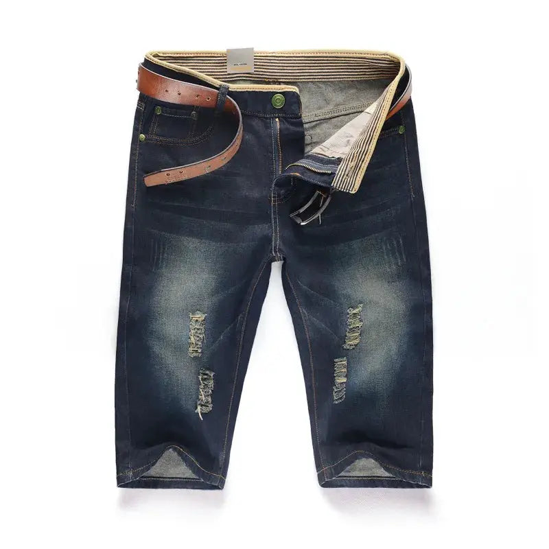 Men's distressed dark denim jeans with brown belt for casual wear