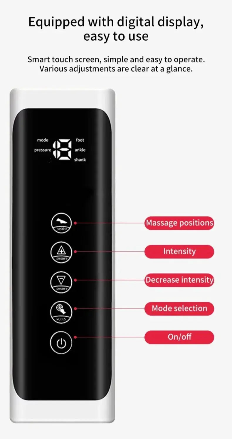 Air pressure leg massager with remote control, black digital display panel and control icons