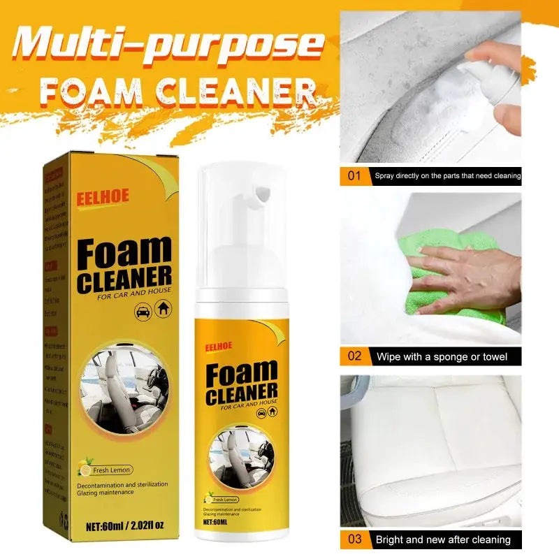 Multi-purpose foam cleaner spray for car interior and leather; yellow box and white bottle, 2 items