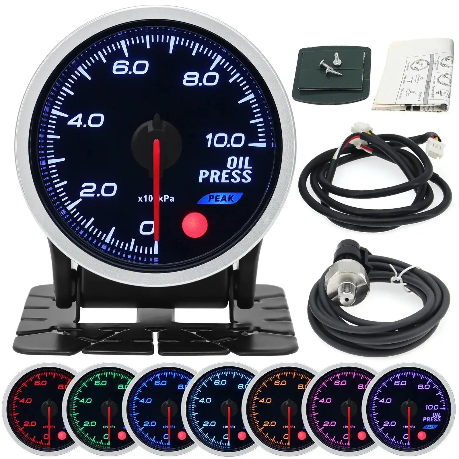 52mm universal auto oil pressure gauge kit with 8-color LED dial and mounting hardware