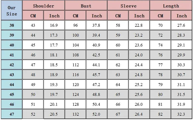 Simples Market men's 100% cotton Oxford shirt size chart with 38-47 size range and cm/in measurements