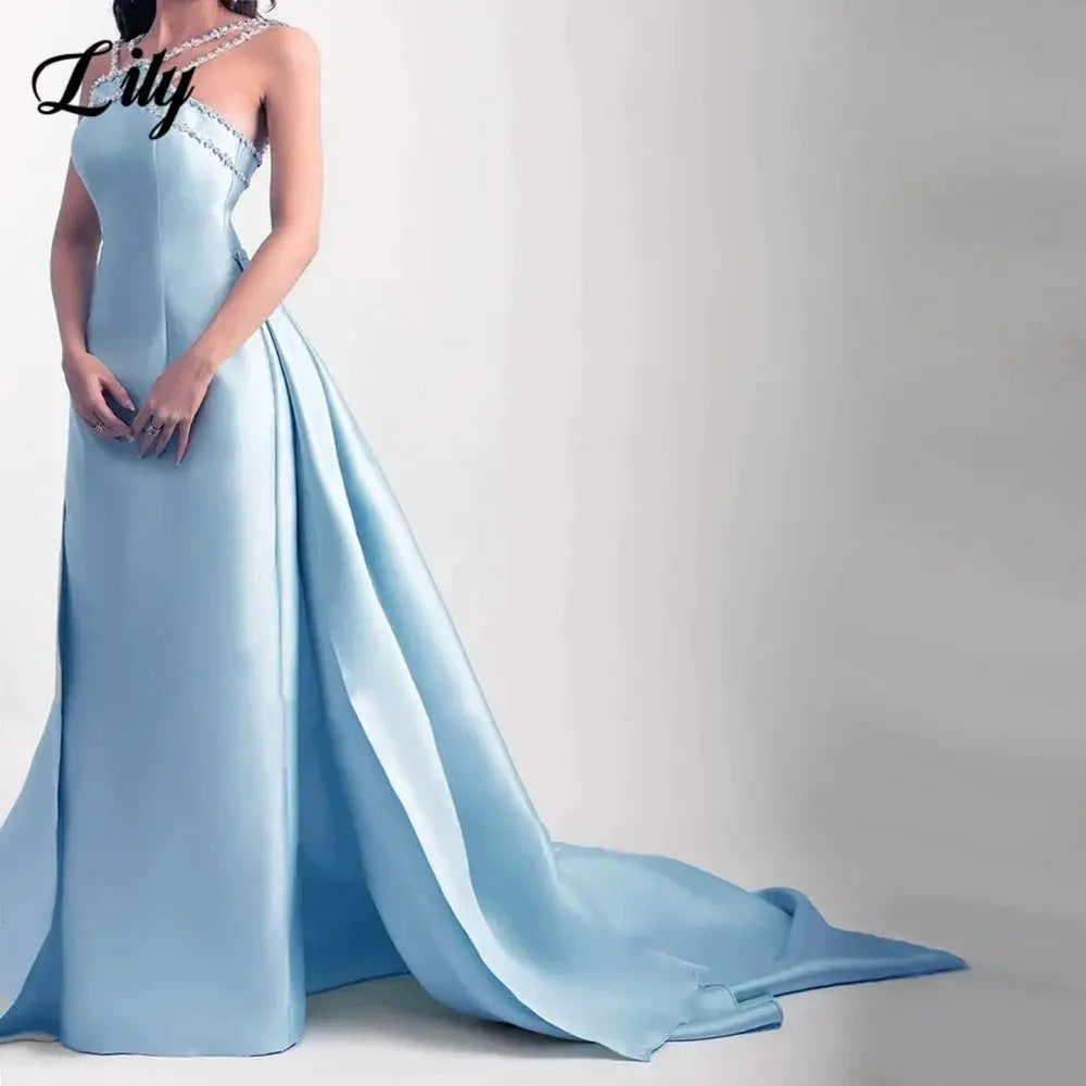 Lily Light Blue Prom Dress With Shiny Beading Halter Detachable Train