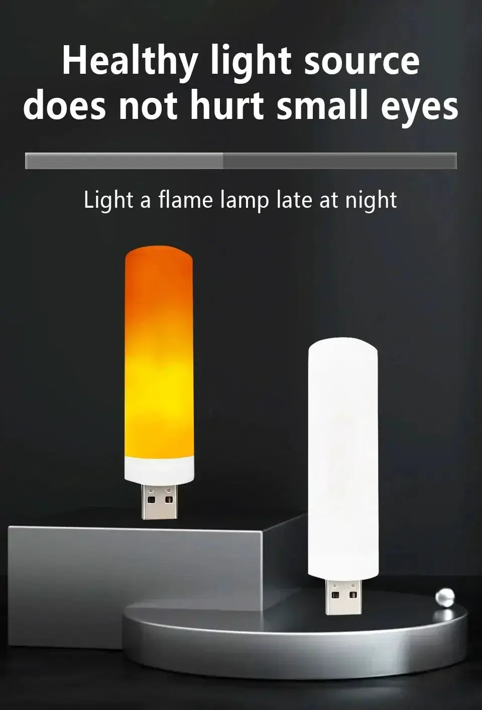 USB LED flame light set of 2 by Simples Market, orange flame effect and white cylindrical bulbs