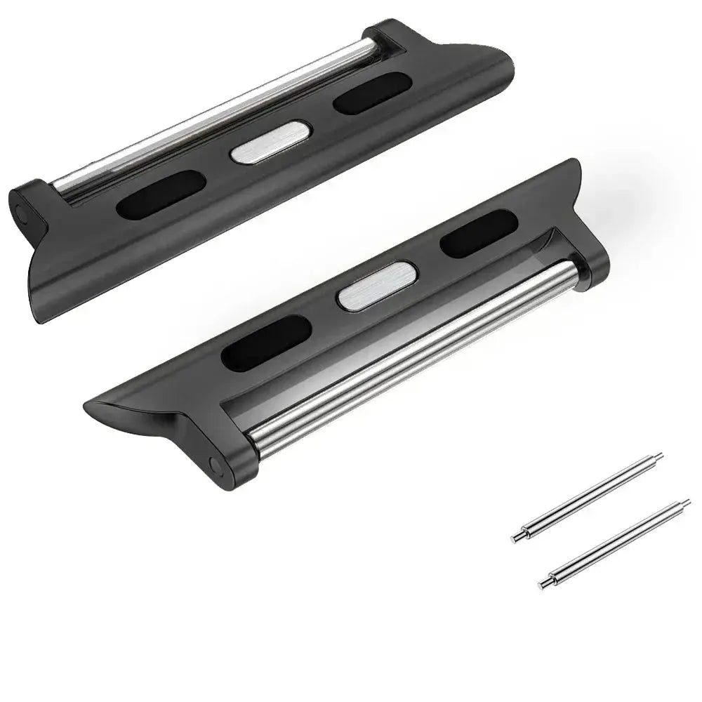Apple Watch band adapter in black with stainless steel connectors; set includes two adapters and pins.