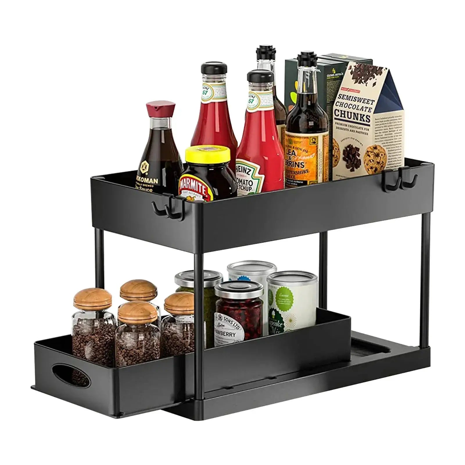 Multifunctional storage rack by Simples Market, black 2-tier under-sink sliding cabinet with hooks, holding bottles and jars.