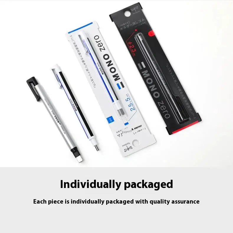 Tombow Mono Zero eraser pen set; white and black packaging, MONO Zero branding, individually packaged