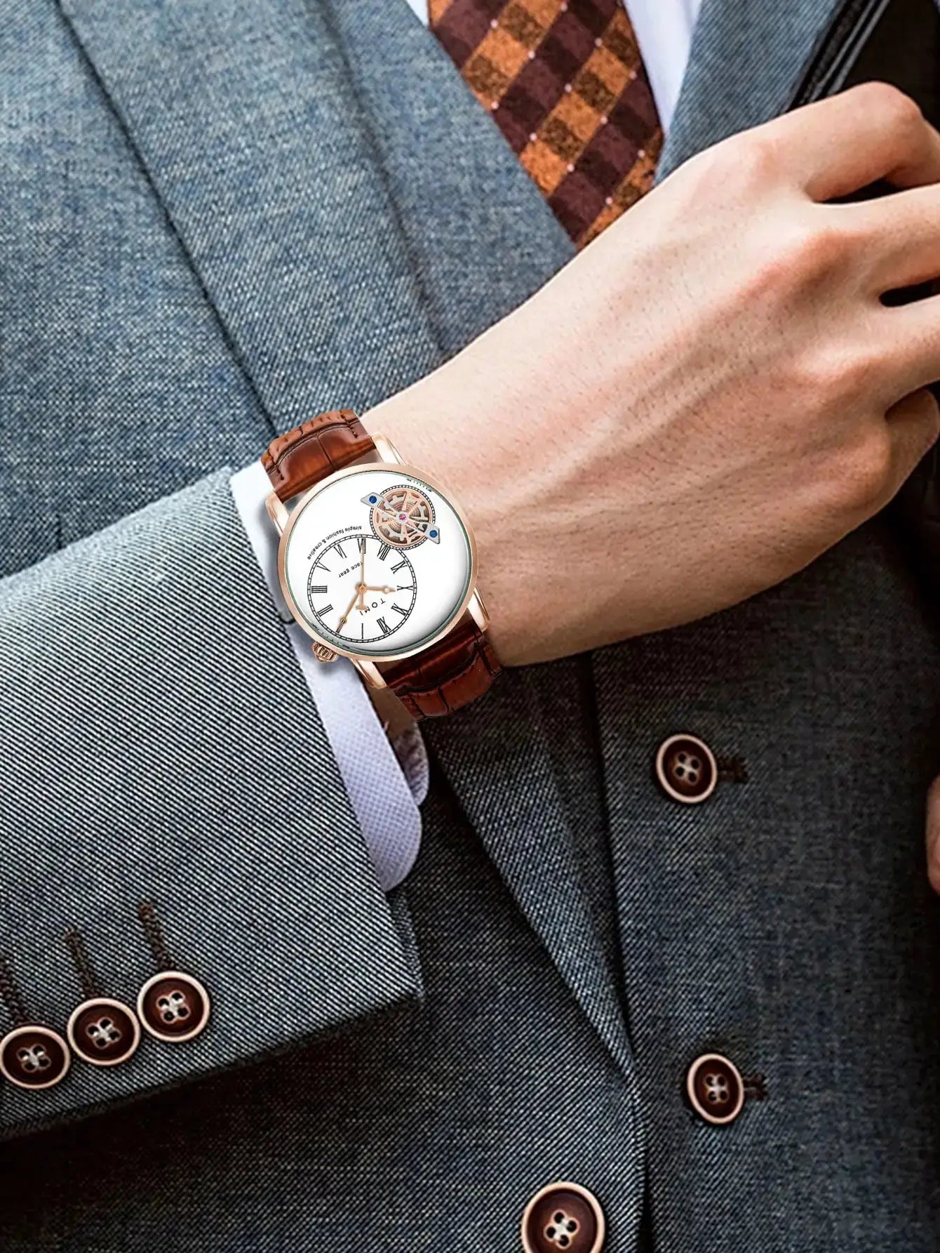TOMI men's luxury quartz watch with brown leather strap, rose-gold case and skeleton dial