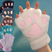 Cartoon Cute Cat Claw Paw Gloves Women Plush Mittens Warm Soft Short Fingerless Fluffy Bear Cat Gloves Costume