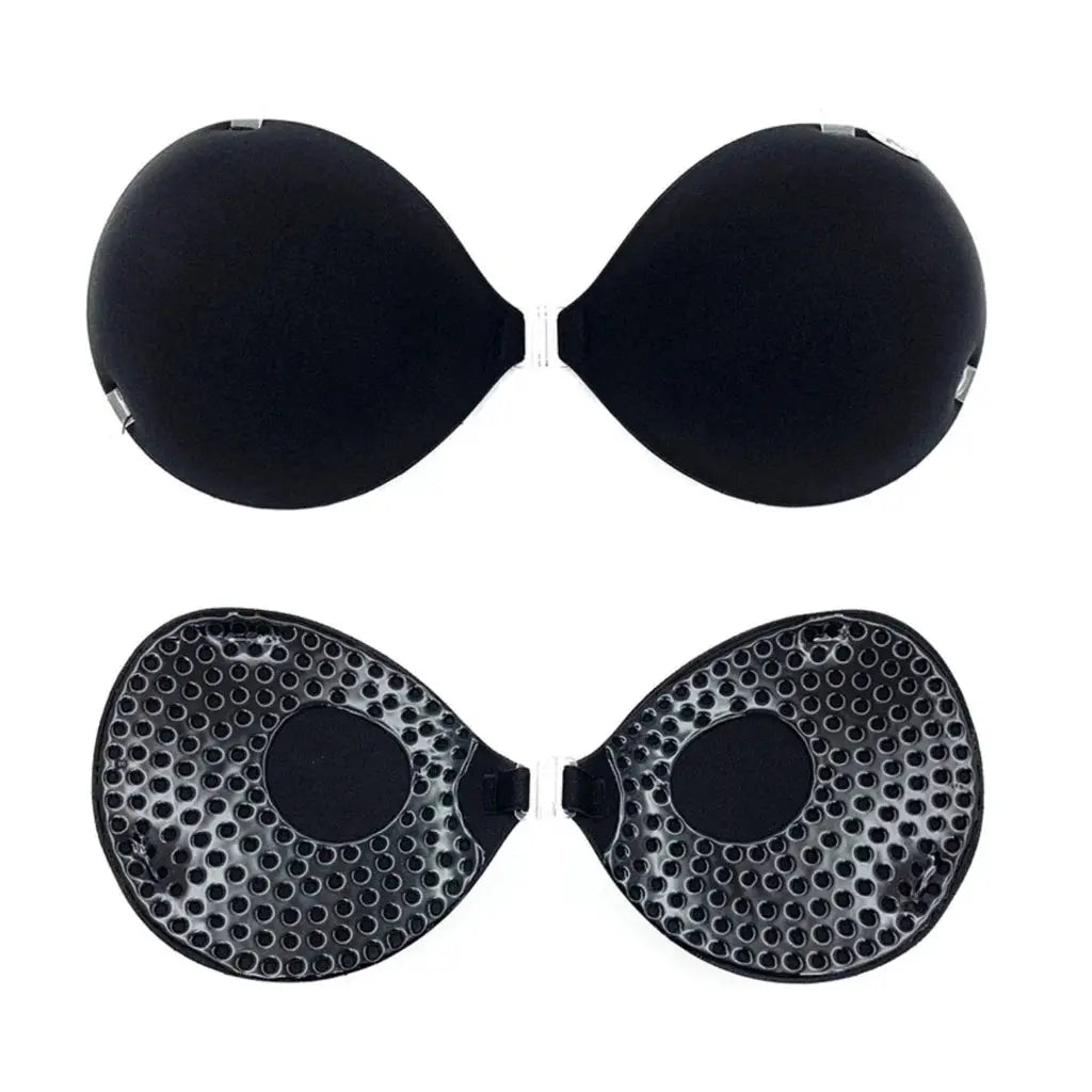 Simples Market strapless adhesive padded bra, black, front-closure, reusable nipple tape, two-piece set
