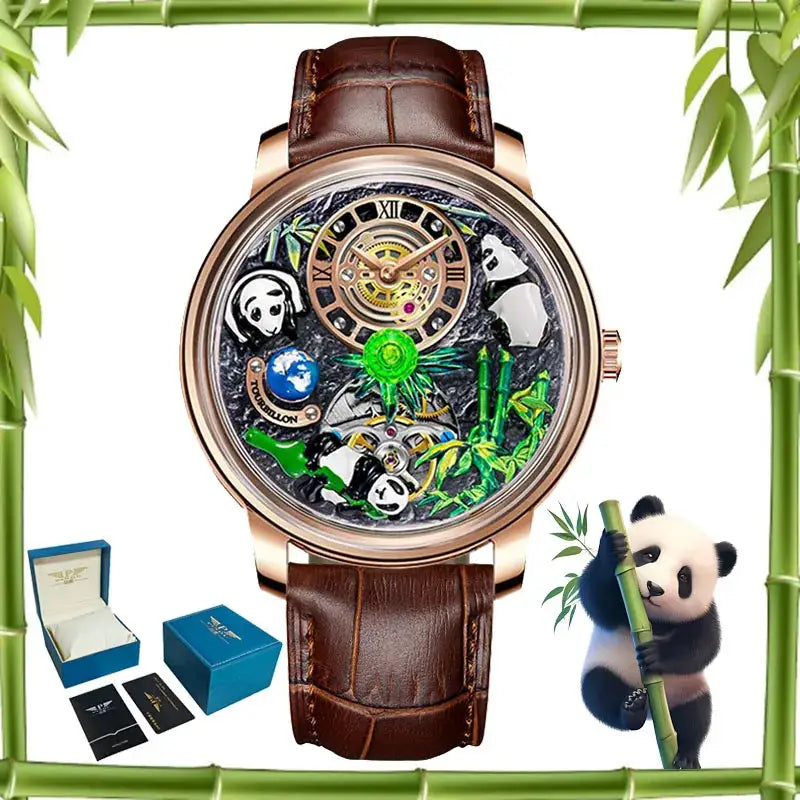 Panda Series mechanical men's watch, rose gold case, brown leather strap, panda dial with rotating crystal ball