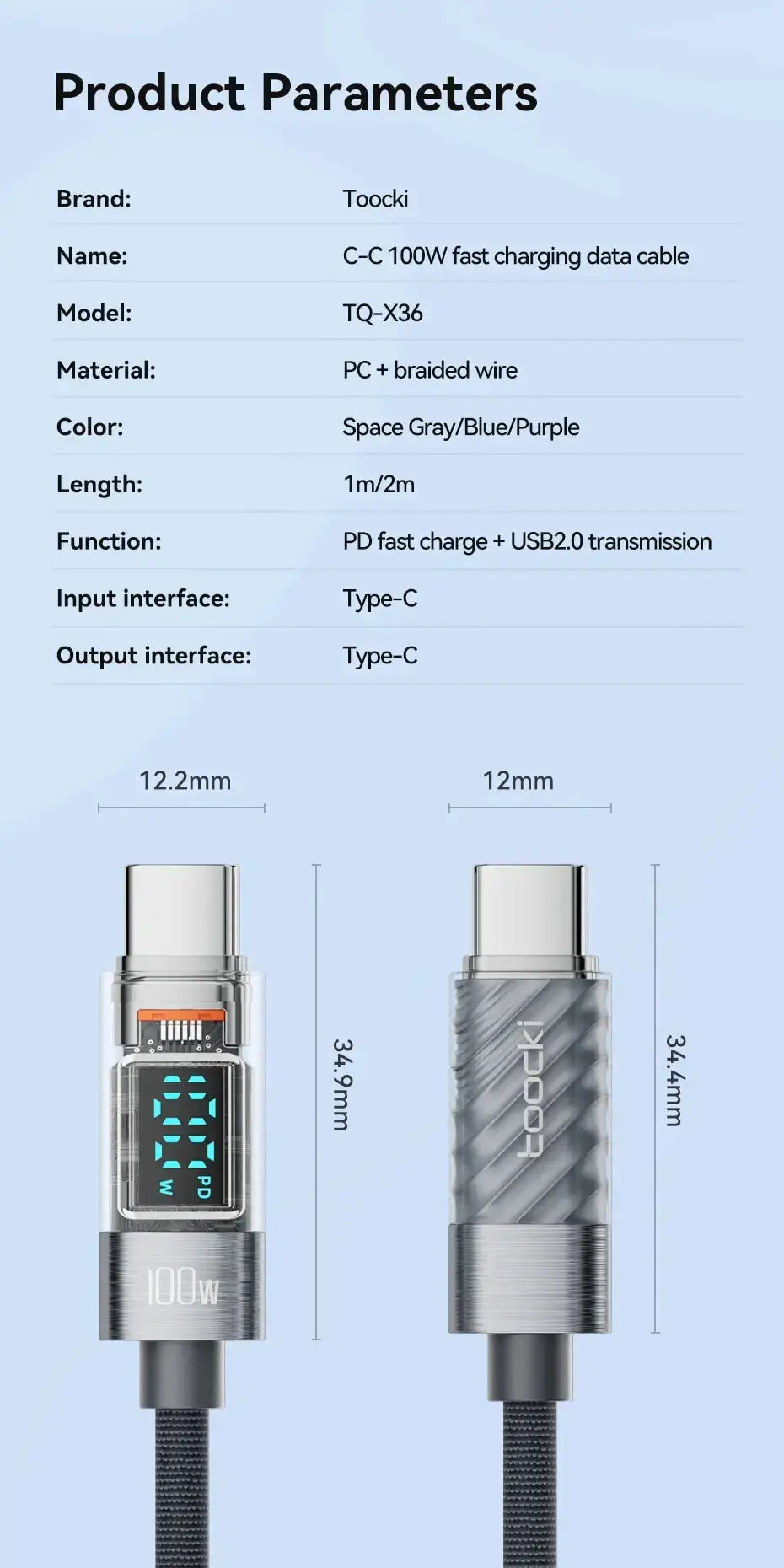 Toocki Type-C to Type-C 100W PD cable; transparent USB-C plug and space-gray braided body, 2 cables shown
